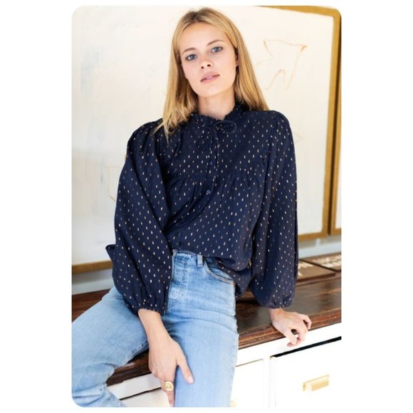 Emerson Fry Tops - Emerson Fry India Collection Navy Blue Emmaline Long Sleeve Blouse Maritime Gold